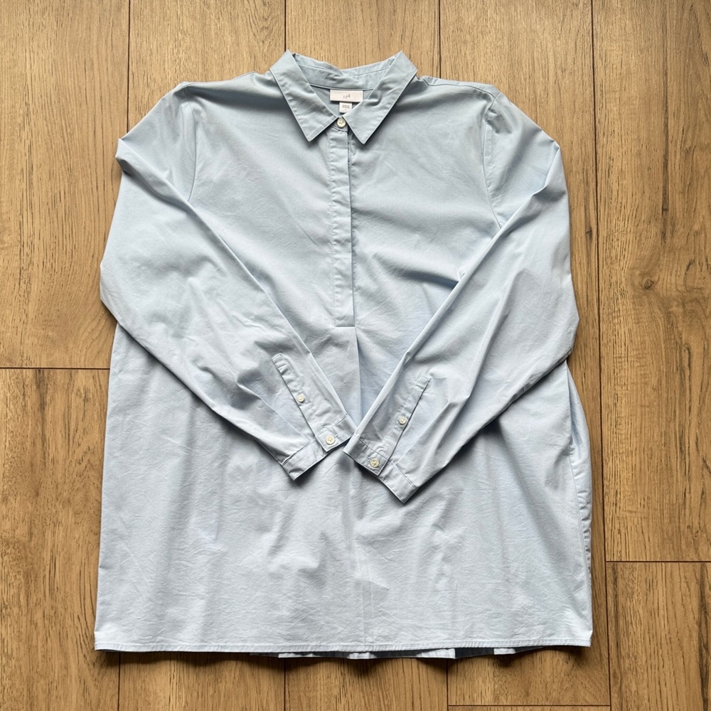 J. Jill Women’s Large Blue Collar Tunic Popover Blouse Pleated Back Stretch Top